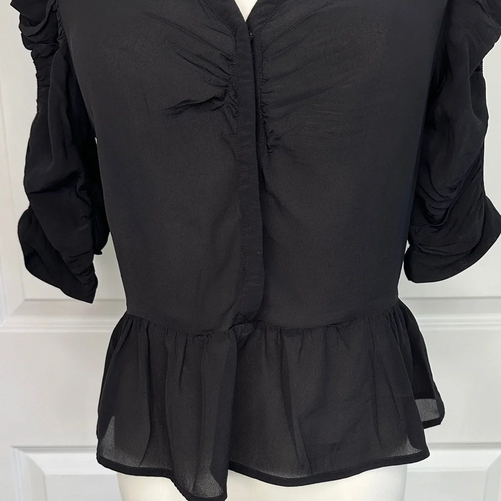 & Other Stories Black Silk Viscose Peplum Ruffled String Sleeve Blouse Size 4 - Picture 4 of 12